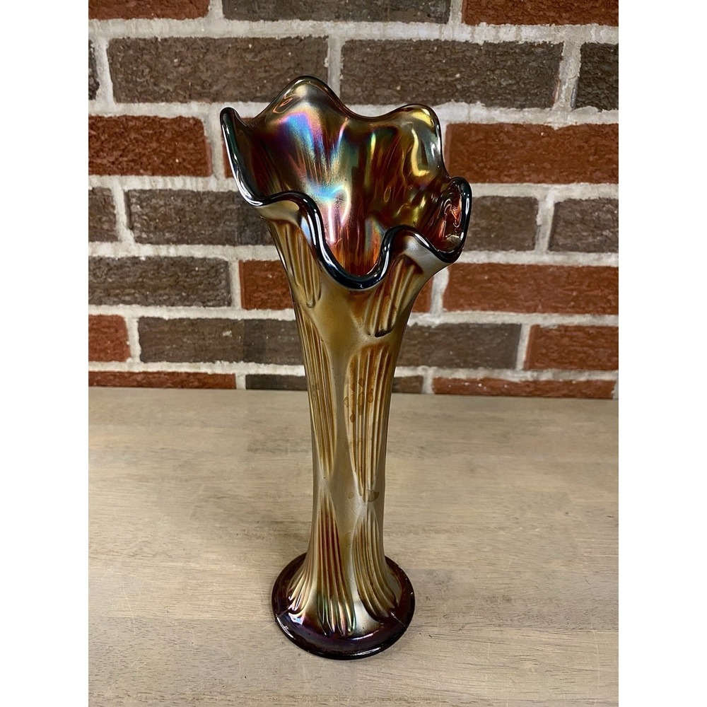 Fenton Carnival Glass Diamond And Rib Pattern Vase Vintage 11.5"